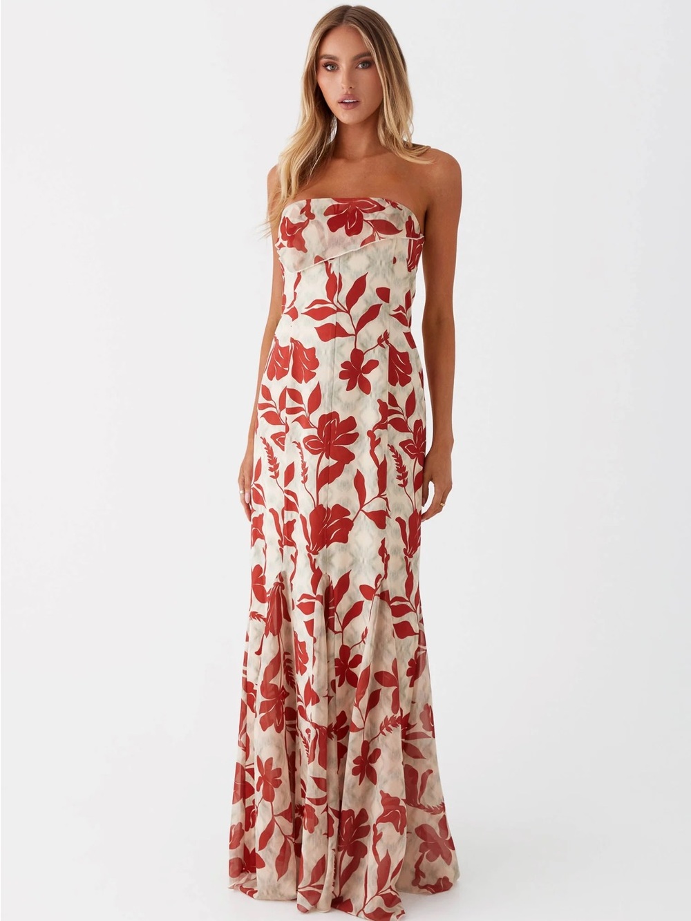Peppermayo Cream Strapless Maxi Dress with Red Floral Print - Picture 2 of 2